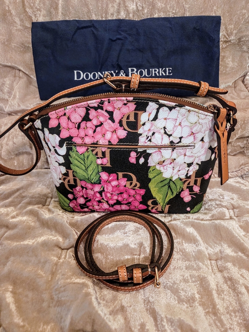 Dooney & Bourke Black Floral Crossbody with Tan Trim
